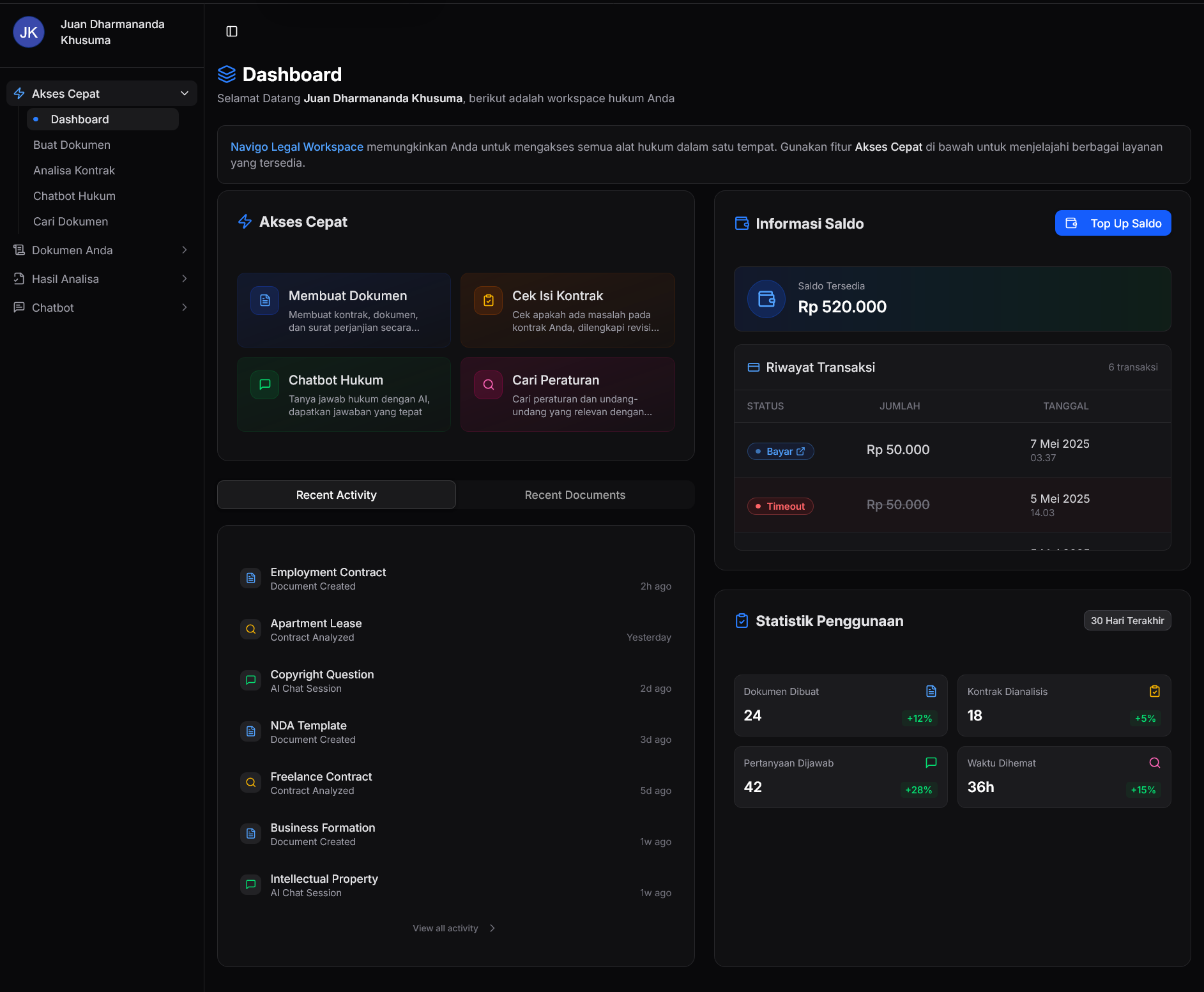 Dashboard Navigo untuk pembuatan dan analisis dokumen hukum, chatbot, serta pencarian dokumen hukum berbasis AI